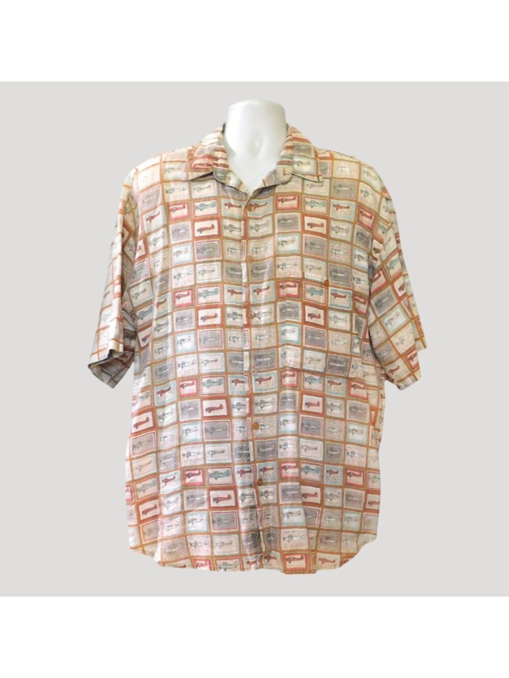 Silk Society Shirt Mens XL Brown Shirt Vintage Airplane Print Short Sleeve Linen